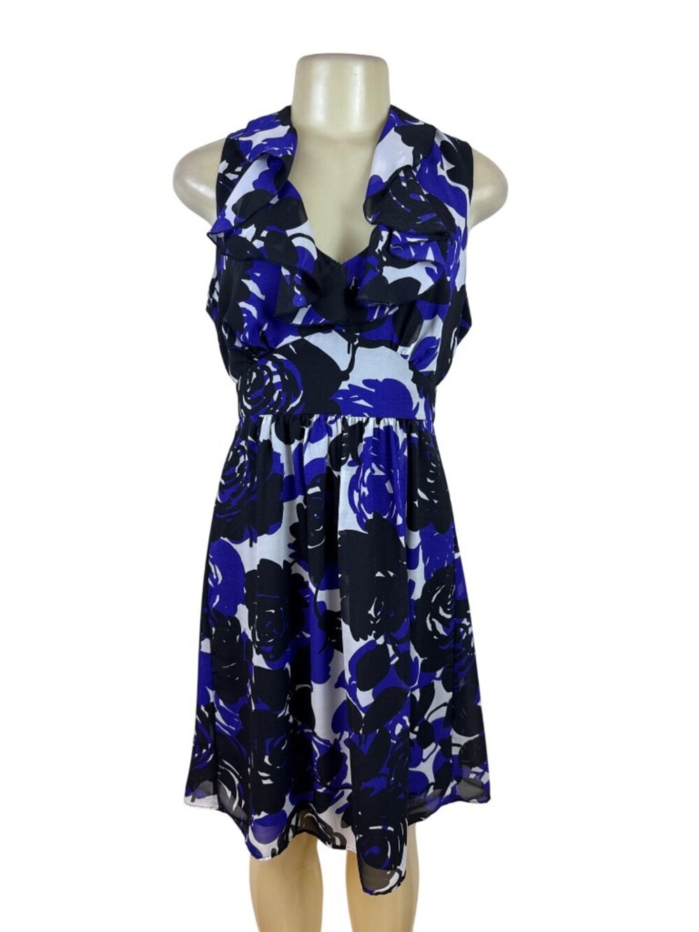 Trulli Women’s Blue Floral Sleeveless A-Line Dress With Ruffled Neckline Sz M